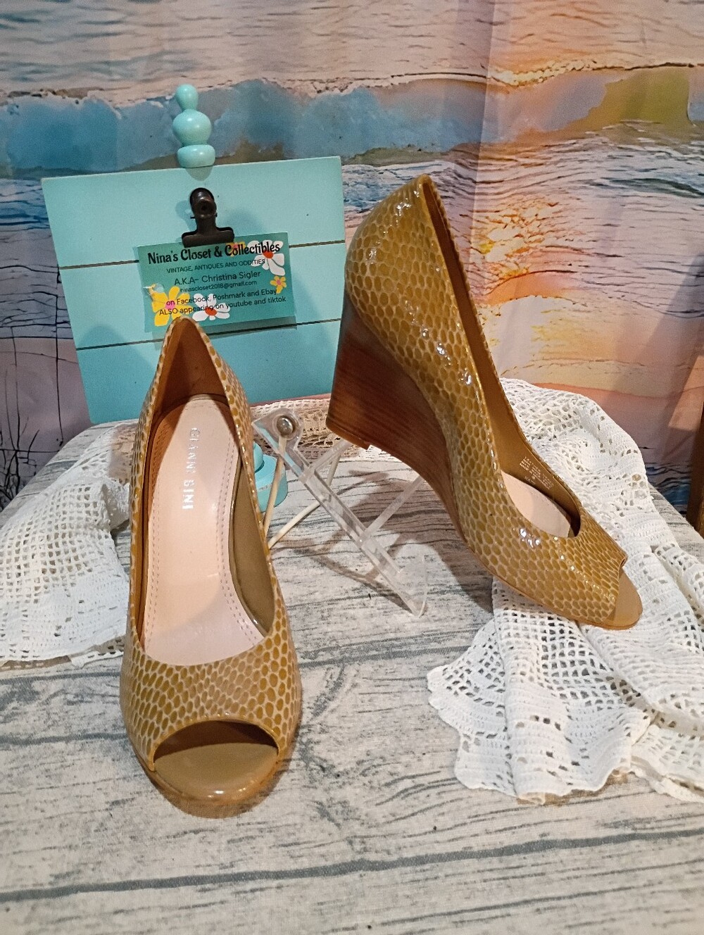 Gianni Bini Mustard Yellow Snakeskin Peep-Toe Wedge Pumps